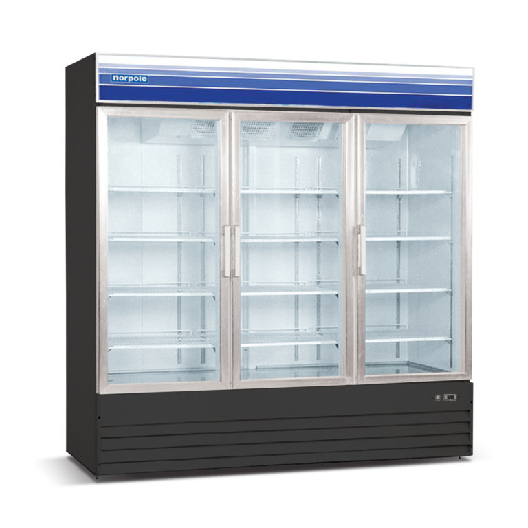 NPGR3-SB Norpole NPGR3-SB 3 Glass Door Swing Refrigerator in Black 53 cu ft